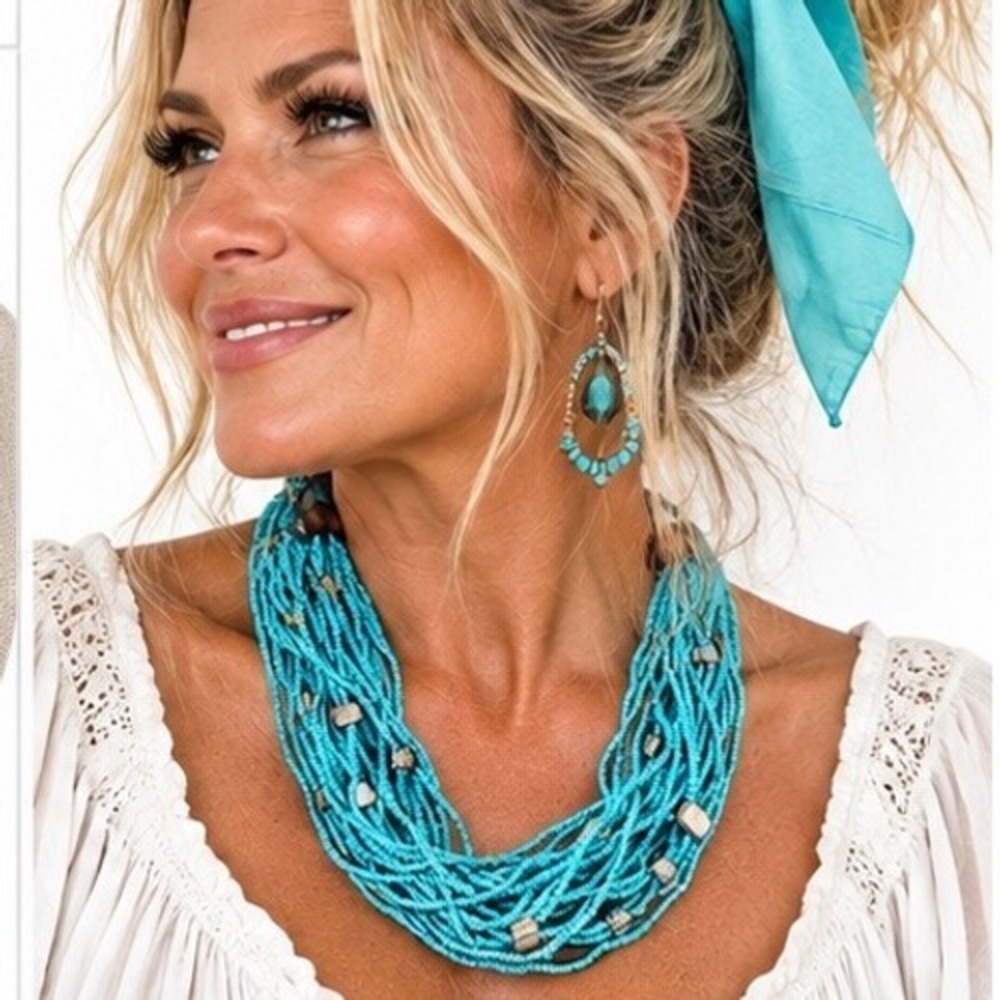 Southwestern Turquoise Seed Bead Multi Strand Shell Detail Necklace Boho Coastal